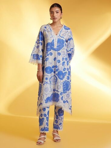 مجموعة سراويل كورتا من ذا لوم للنساء بأكمام قصيرة ورقبة على شكل حرف V ملابس عرقية هندية مطبوعة كورتي عرقية هندية للفتيات باللون الأبيض والأزرق in Kuwait