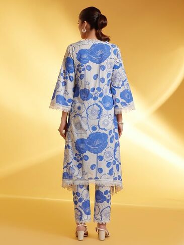 مجموعة سراويل كورتا من ذا لوم للنساء بأكمام قصيرة ورقبة على شكل حرف V ملابس عرقية هندية مطبوعة كورتي عرقية هندية للفتيات باللون الأبيض والأزرق in Kuwait