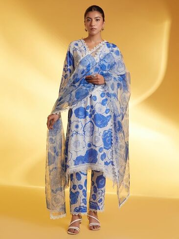 مجموعة سراويل كورتا من ذا لوم للنساء بأكمام قصيرة ورقبة على شكل حرف V ملابس عرقية هندية مطبوعة كورتي عرقية هندية للفتيات باللون الأبيض والأزرق in Kuwait