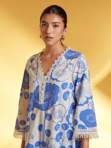 مجموعة سراويل كورتا من ذا لوم للنساء بأكمام قصيرة ورقبة على شكل حرف V ملابس عرقية هندية مطبوعة كورتي عرقية هندية للفتيات باللون الأبيض والأزرق in Kuwait