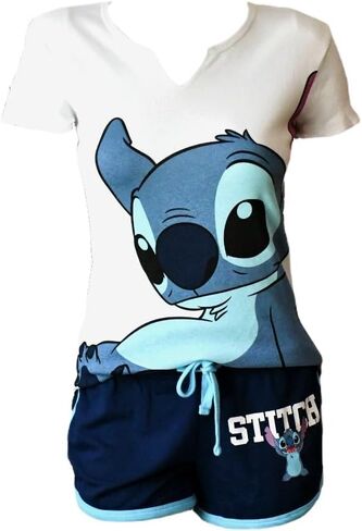 طقم ملابس نوم ستيتش للنساء من 7STAR - تي شيرت أبيض مع شورت كحلي - طقم بيجامة مثالي للنوم في الصيف أو الشتاء! in Kuwait