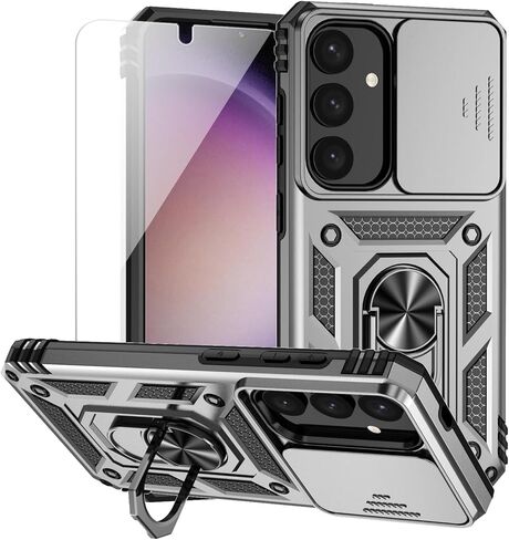 for Samsung Galaxy S24 Plus Case with Camera Lens Cover HD Screen Protector, Military-Grade Drop Tested Magnetic Ring Holder Kickstand Protective Phone Case for Samsung Galaxy S24 Plus (Black) in Kuwait