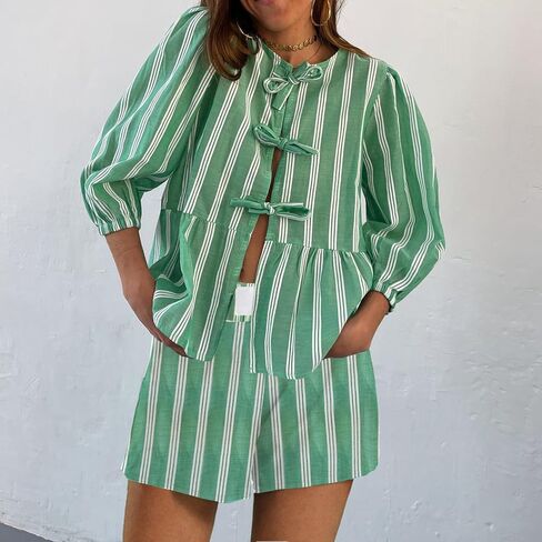 Yuemengxuan Women Striped Lounge Sets 2 Piece Casual Pajamas Set Short Puff Sleeve Tie front Shirt Striped Bottom Shorts Set (Green, L), Large in Saudi Arabia