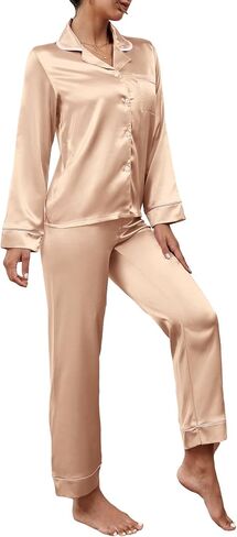 Women's Pajama Sets 2 Piece Satin Button Down Collar Sleepwear Set Loose Family Loungewear Set in Saudi Arabia