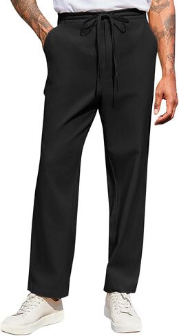 PASLTER Mens Casual Pants Drawstring Elastic Waist Loose Fit Cotton Summer Beach Yoga Pants in Saudi Arabia