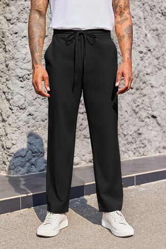 PASLTER Mens Casual Pants Drawstring Elastic Waist Loose Fit Cotton Summer Beach Yoga Pants in Saudi Arabia