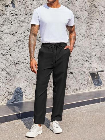 PASLTER Mens Casual Pants Drawstring Elastic Waist Loose Fit Cotton Summer Beach Yoga Pants in Saudi Arabia