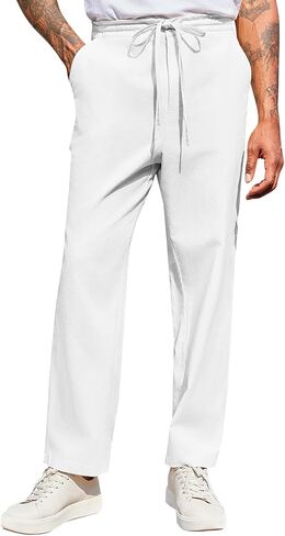PASLTER Mens Casual Pants Drawstring Elastic Waist Loose Fit Cotton Summer Beach Yoga Pants in Saudi Arabia