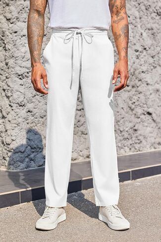 PASLTER Mens Casual Pants Drawstring Elastic Waist Loose Fit Cotton Summer Beach Yoga Pants in Saudi Arabia