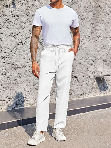 PASLTER Mens Casual Pants Drawstring Elastic Waist Loose Fit Cotton Summer Beach Yoga Pants in Saudi Arabia