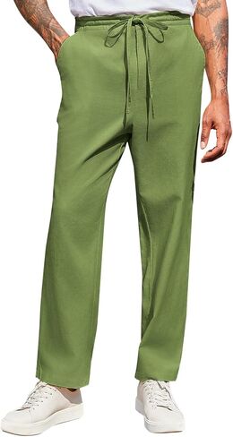 PASLTER Mens Casual Pants Drawstring Elastic Waist Loose Fit Cotton Summer Beach Yoga Pants in Saudi Arabia
