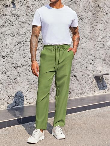 PASLTER Mens Casual Pants Drawstring Elastic Waist Loose Fit Cotton Summer Beach Yoga Pants in Saudi Arabia