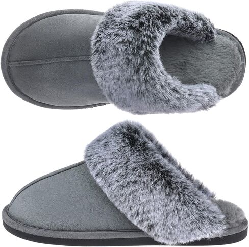 Women's Faux Fur Fuzzy Slippers Memory Foam Slip on House Shoes | faux fur lining, fluffy collar, anti-skid sole, micro suede, indoor and outdoor, machine washable, lightweight, warm, comfy in Saudi Arabia