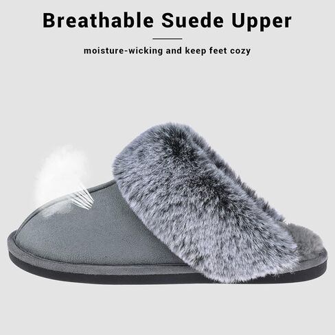 Women's Faux Fur Fuzzy Slippers Memory Foam Slip on House Shoes | faux fur lining, fluffy collar, anti-skid sole, micro suede, indoor and outdoor, machine washable, lightweight, warm, comfy in Saudi Arabia