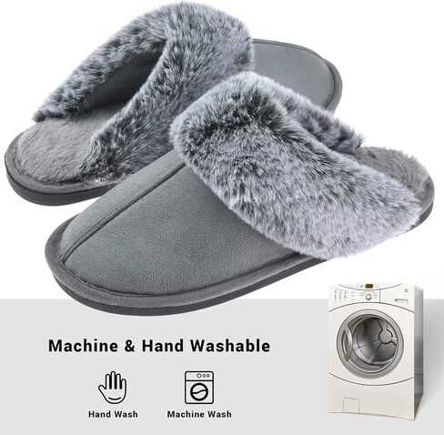 Women's Faux Fur Fuzzy Slippers Memory Foam Slip on House Shoes | faux fur lining, fluffy collar, anti-skid sole, micro suede, indoor and outdoor, machine washable, lightweight, warm, comfy in Saudi Arabia