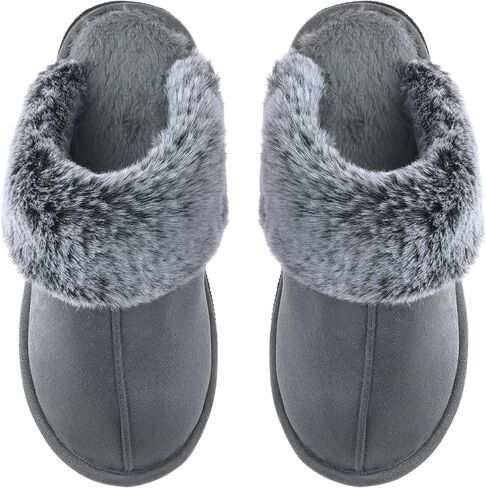 Women's Faux Fur Fuzzy Slippers Memory Foam Slip on House Shoes | faux fur lining, fluffy collar, anti-skid sole, micro suede, indoor and outdoor, machine washable, lightweight, warm, comfy in Saudi Arabia