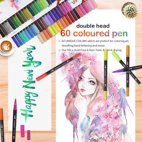ai-natebok 60 Colors Dual Tip Brush Art Marker Pens, Coloring Markers, Fine & Brush Tip Pen for Bullet Journal Adult Coloring Book Note Taking Planner Drawing Doodle Card Making Art Supplier in Kuwait