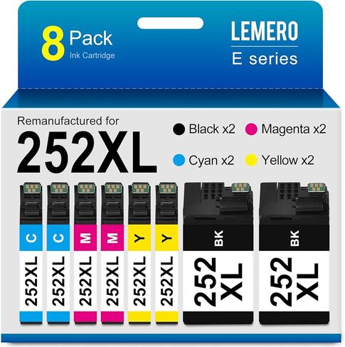 خراطيش حبر LEMERO 252XL معاد تصنيعها بديلة لخراطيش حبر Epson 252XL تعمل مع القوى العاملة WF-7110 WF-7710 WF-7720 WF-3640 WF-3620 (2 أسود، 2 سماوي، 2 أرجواني، 2 أصفر، 8 عبوات) in Kuwait