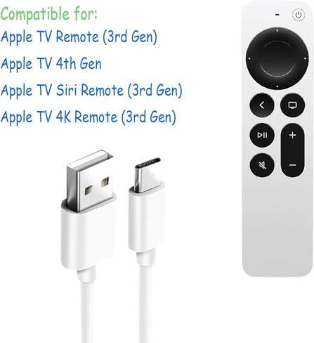 USB C Charger Apple TV Remote Cable for Apple TV Remote (3rd Gen), Apple TV 4th Gen, Siri Remote (3rd Gen), Apple TV 4K Remote (3rd Gen) iPhone 15 15 Pro Max 15 Plus Cable Adapter Replacement (3.3FT) in Kuwait