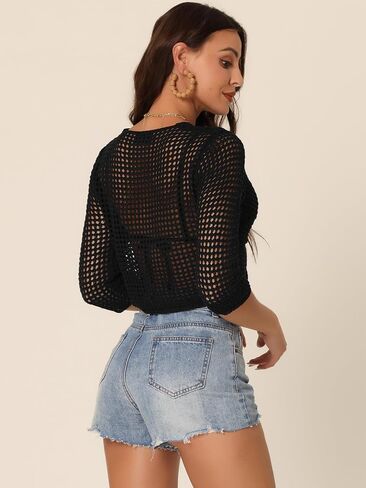 Women's Sexy Mesh Crochet Crop Top Twist Front Hollow Out See Through 3/4 Sleeve Top in Saudi Arabia