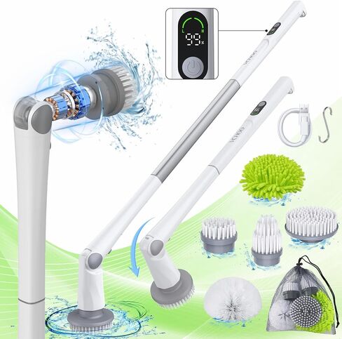 Electric Spin Scrubber, 2024 Superior Cordless Scrubber with LED Display & 3 Angle Adjustment & Super Long Standby time, Shower Cleaning Brush with 5 Replaceable Heads for Bathroom & Kitchen in Saudi Arabia
