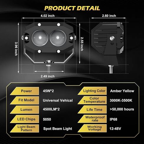 مصابيح LED مستديرة للطرق الوعرة، 4 بوصة 100 واط LED بقعة ضوء 10000 لومن، ضوء عمل مساعد للقيادة أكثر سطوعًا لسقف ممتص الصدمات A-Pillar ATV UTV SUV Truck Jeep - 2Pack in Kuwait