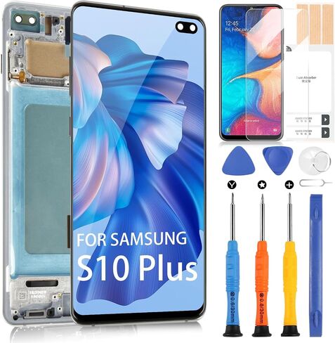 لاستبدال شاشة Samsung Galaxy S10 Plus، شاشة LCD لهاتف Samsung Galaxy s10+ G975F G975U G975W 6.4 بوصة مجموعة محول رقمي للوحة شاشة تعمل باللمس مع أدوات (فضي مع إطار) in Kuwait