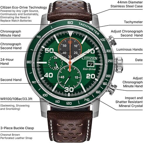 ساعة سيتيزن ايكو درايف ويكندر برايسين كرونوغراف للرجال من الفولاذ المقاوم للصدأ، حزام جلد بني مثقوب، إطار أخضر، الوقت/التاريخ، 3 عقارب، مينا أخضر (الموديل: CA0851-05X) in Saudi Arabia