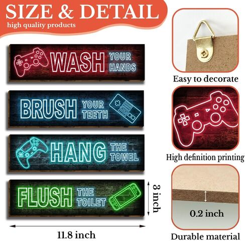 4 قطع من لافتات ديكور جدار الحمام لألعاب النيون، لافتات ديكور للحمام، فرشاة غسيل، فن جداري، قواعد حمام مضحكة، لافتة تعليق خشبية للمرحاض، لافتات ديكور للحائط للأولاد-31 in Kuwait