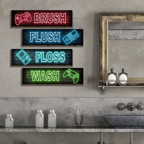 4 قطع من لافتات ديكور جدار الحمام لألعاب النيون، لافتات ديكور للحمام، فرشاة غسيل، فن جداري، قواعد حمام مضحكة، لافتة تعليق خشبية للمرحاض، لافتات ديكور للحائط للأولاد-31 in Kuwait
