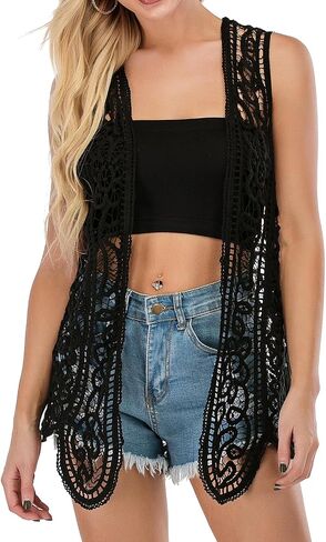 GLEAMISS Women's Crochet Vest Open Stitch Hippie Cardigan Sleeveless Boho Cover Up in Saudi Arabia