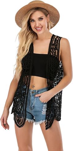 GLEAMISS Women's Crochet Vest Open Stitch Hippie Cardigan Sleeveless Boho Cover Up in Saudi Arabia