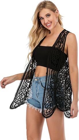 GLEAMISS Women's Crochet Vest Open Stitch Hippie Cardigan Sleeveless Boho Cover Up in Saudi Arabia