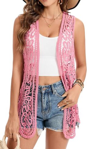 GLEAMISS Women's Crochet Vest Open Stitch Hippie Cardigan Sleeveless Boho Cover Up in Saudi Arabia