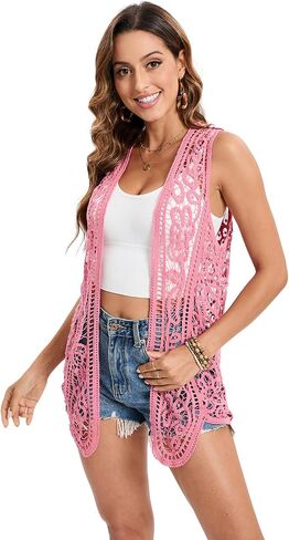 GLEAMISS Women's Crochet Vest Open Stitch Hippie Cardigan Sleeveless Boho Cover Up in Saudi Arabia