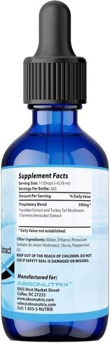 مستخلص فطر ذيل الديك الرومي Absonutrix 590 مجم، سائل 4 أونصة، 200 حصة، صنع في الولايات المتحدة الأمريكية، سريع الامتصاص، مكونات فعالة عالية الجودة، تم اختباره من قبل طرف ثالث، غير معدّل وراثيًا، معتمد من GMP in Kuwait
