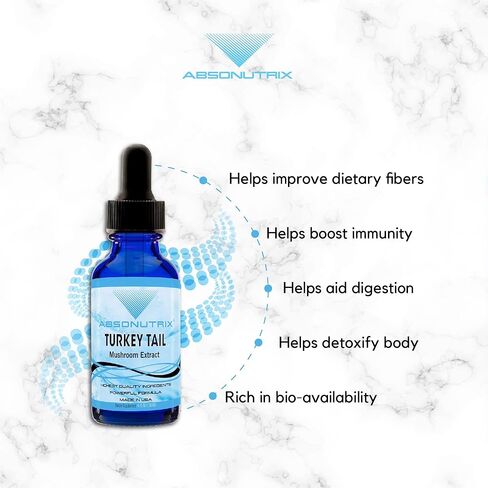مستخلص فطر ذيل الديك الرومي Absonutrix 590 مجم، سائل 4 أونصة، 200 حصة، صنع في الولايات المتحدة الأمريكية، سريع الامتصاص، مكونات فعالة عالية الجودة، تم اختباره من قبل طرف ثالث، غير معدّل وراثيًا، معتمد من GMP in Kuwait