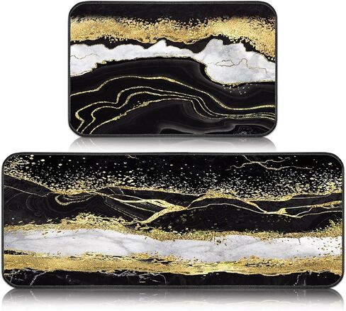 Bencailor 2 Pcs Marble Kitchen Rugs and Mat Set Non Slip Black Gold Marble Door Mat Gold Line Rug for Home Floor Kitchen Bathroom Decor, 19.7 x 31.5 and 19.7 x 47.2 Inch in Saudi Arabia