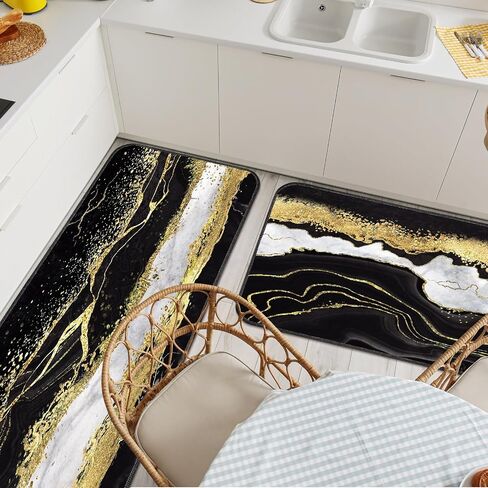 Bencailor 2 Pcs Marble Kitchen Rugs and Mat Set Non Slip Black Gold Marble Door Mat Gold Line Rug for Home Floor Kitchen Bathroom Decor, 19.7 x 31.5 and 19.7 x 47.2 Inch in Saudi Arabia