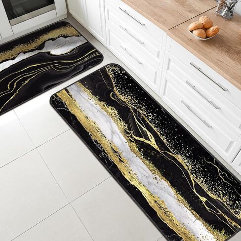 Bencailor 2 Pcs Marble Kitchen Rugs and Mat Set Non Slip Black Gold Marble Door Mat Gold Line Rug for Home Floor Kitchen Bathroom Decor, 19.7 x 31.5 and 19.7 x 47.2 Inch in Saudi Arabia