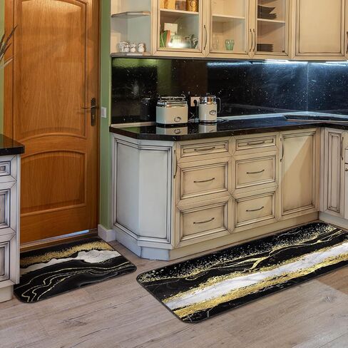 Bencailor 2 Pcs Marble Kitchen Rugs and Mat Set Non Slip Black Gold Marble Door Mat Gold Line Rug for Home Floor Kitchen Bathroom Decor, 19.7 x 31.5 and 19.7 x 47.2 Inch in Saudi Arabia