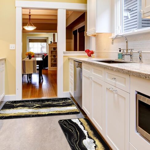 Bencailor 2 Pcs Marble Kitchen Rugs and Mat Set Non Slip Black Gold Marble Door Mat Gold Line Rug for Home Floor Kitchen Bathroom Decor, 19.7 x 31.5 and 19.7 x 47.2 Inch in Saudi Arabia