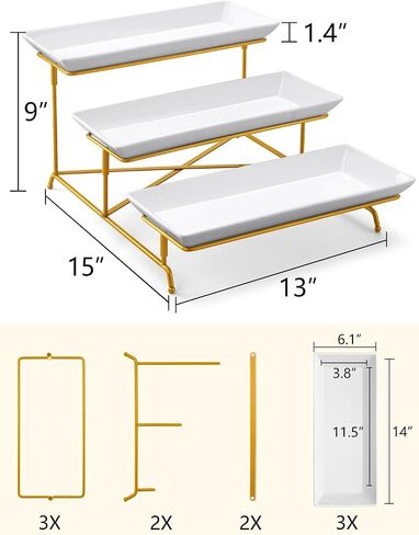 Yedio 3 Tier Serving Tray Set Porcelain Tiered Serving Trays Platters, Collapsible Sturdier Stand with Stable Cross Bars, for Party Entertaining Food Display Fruit Dessert, 12 Inch in Saudi Arabia
