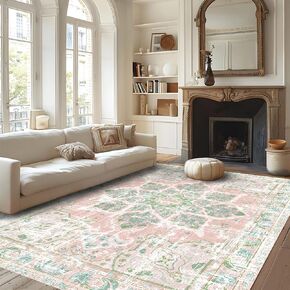 Boho Area Rugs Vintage Washable Neutral Modern Dusty Pink and Green 8x10 Non Slip Large Carpet for Nursery Living Room Dining Room Bedroom Farmhouse Girls Room