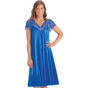 Collections Etc Women's Silky Lace Trim V-Neckline Knee-Length Nightgown with Flutter Lace Sleeves, Royal Blue, Xx-Large