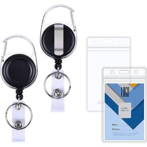 Wisdompro Badge Holder with Retractable Reel, 2 Pack Vertical Double Sided Clear ID Badge Card Holder and Carabiner Badge Reel with 24 inch Pull Cord
