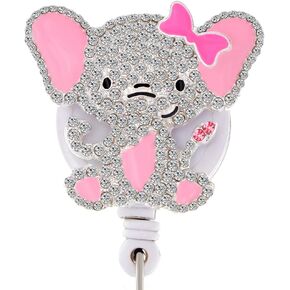 Cute Rhinestone Animal Pink Elephant Name Card ID Badge Reel Badge Holder