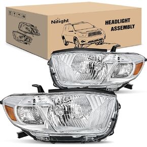 Nilight Headlights Assembly for Toyota Highlander 2008 2009 2010 Headlamp Black Housing Amber Reflector