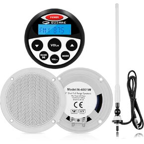Marine Wateroroof Audio Package Marine Bluetooth Stereo Radio System - Waterproof FM Radio Stereo ATV UTV Heavy Duty Power Sports Head Unit with White Marine Speaker and Antennas