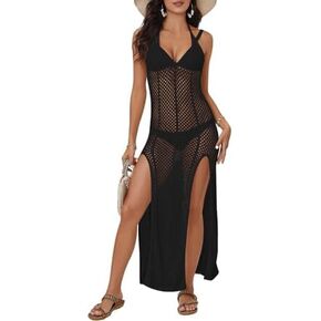 Bsubseach Crochet Beach Cover Ups for Women Long Swimsuit Cover Up Halter V Neck Knit Beach Dress